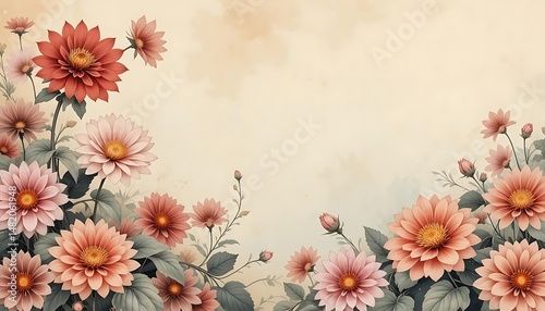 Elegant Floral Watercolor Illustration with Peach and Coral Dahlias