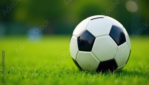 Close-up of a classic black and white soccer ball on a green field ,  detail,  round