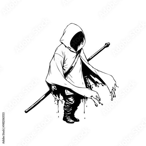 Mysterious hooded figure with staff, rendered in bold black and white style