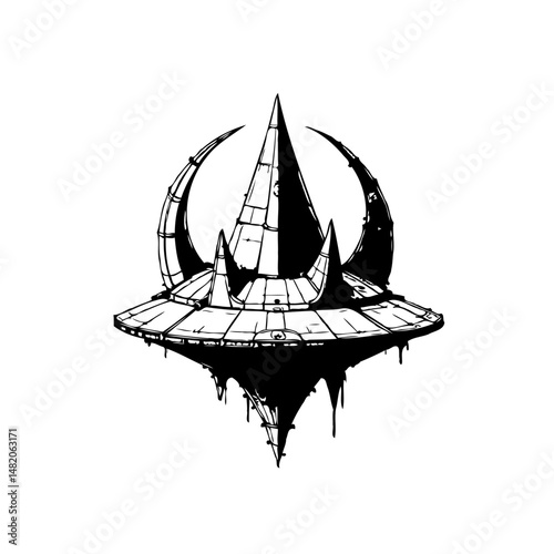 Abstract monochrome depiction of otherworldly floating island fortress