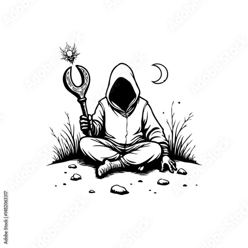 Mysterious hooded figure meditates with celestial wrench under crescent moon illustration