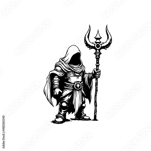 Enigmatic figure wielding a trident staff in black and white artistic illustration