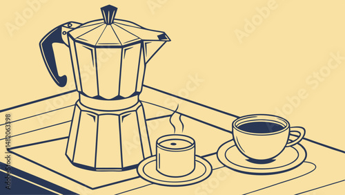 Vector SVG yellow coffee pot on table with solid color background, featuring steaming cup of coffee and candle