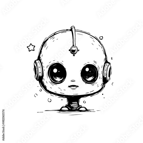 Whimsical monochrome rendering of a friendly robot character design concept