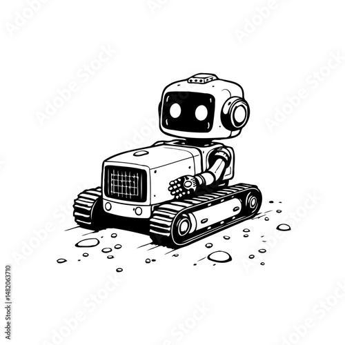 Futuristic robotic vehicle navigating granular terrain in a stylized black and white illustration