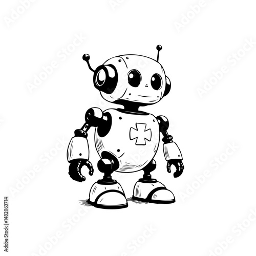Friendly monochrome mechanical character illustration on plain white background