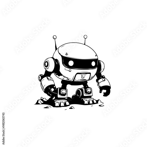 Monochrome robot illustration showcasing whimsical design and futuristic charm