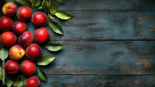 Fresh nectarines and green leaves on rustic, dark blue wooden table. Use as food background, banner, in healthy eating or culinary content.