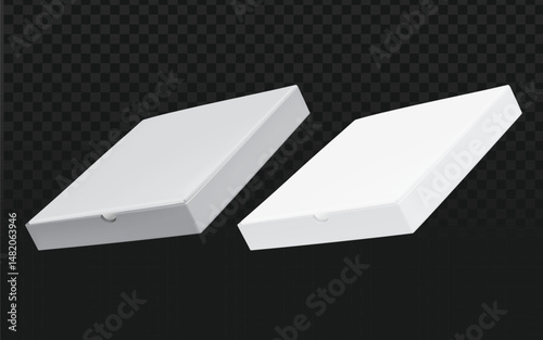 Realistic vector graphic of white flat rectangular cardboard or paperboard boxes. Isolated packaging objects perfect for food, gifts, retail, or mockup design projects.
