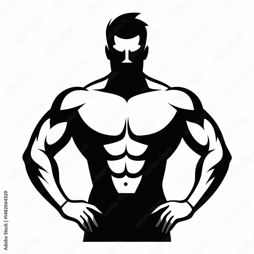 Fototapeta premium Male bodybuilder front view silhouette black filled Illustration icon. Man standing physical workout vector.