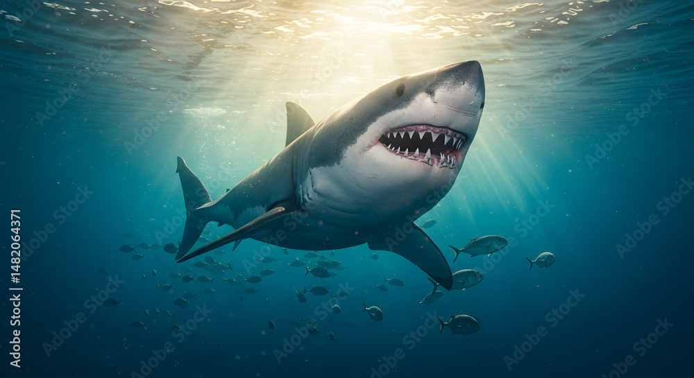 Obraz premium Pixelated Great White Shark Swimming in Blue Ocean Depths with Sun Rays and School of Fish Pixel Art