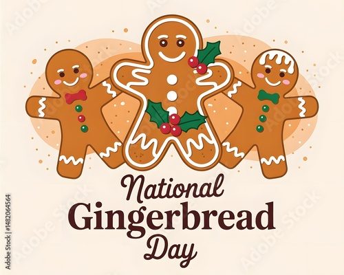 Festive Gingerbread Man and Cookie Celebrates National Gingerbread Day. A cheerful illustration for National Gingerbread Day, featuring two gingerbread men flanking a decorated gingerbread cookie.