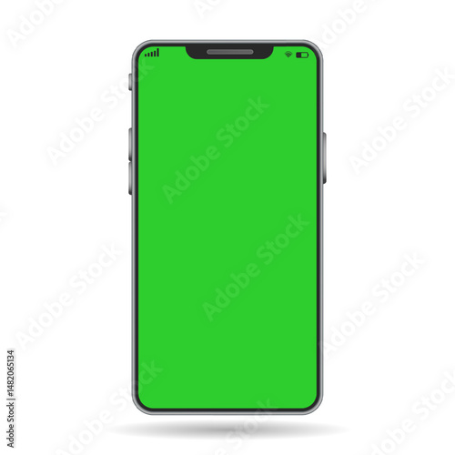 Realistic smartphone with green chroma key screen. Front view. Mobile phone mockup.  Screen backdrop template. 3d Vector illustration.