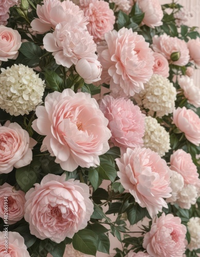 Delicate pastel pink floral wall; vintage-inspired artificial roses, peonies & hydrangeas ,  floral design,  background,  faux flowers