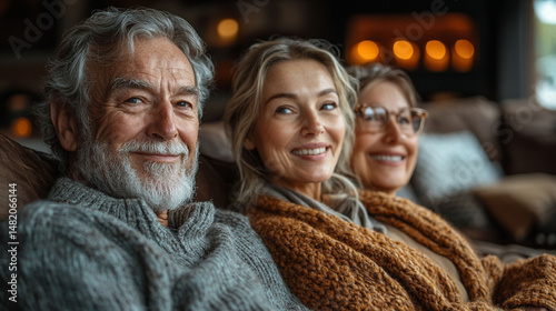 Three smiling senior adults sitting on a couch, looking at the camera.  Warm, happy, relaxed, cozy,  familyions.