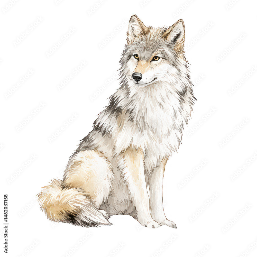 Fototapeta premium A majestic wolf with beautiful fur sits alertly against a white backdrop.