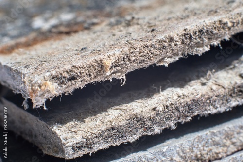 Detailed photography of building  material with asbestos fibres. Health harmful and hazards effects.