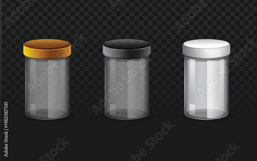 Realistic vector graphic of clear glass jars with golden, black, and white metal lids. Isolated packaging objects perfect for food, spices, condiments, preserves, or mockup design projects. 