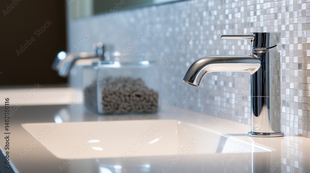 A modern bathroom sink with a sleek, chrome faucet and a white countertop. A modern bathroom sink with a sleek, chrome faucet and a white countertop.