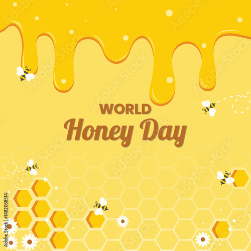 World Honey Day Poster with Cute Bees, Honey Drips & Flowers for Organic Theme Background