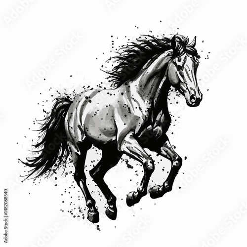Monochromatic artistic illustration showcasing a spirited horse in motion, embellished with dynamic splatter patterns for a modern and energetic feel
