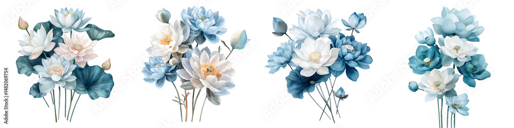 Obraz premium Elegant, serene lotus flowers arranged in graceful bouquets of soft blues and whites, ideal for decorative designs or serene backgrounds in various artistic projects