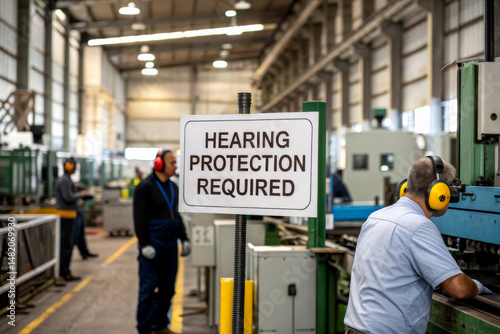 Workers in a factory wear ear protection near a sign that reads 