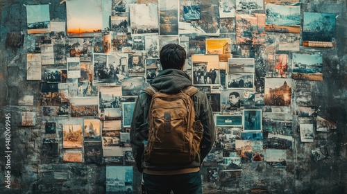 Male teen observing vintage photographs on wall in artistic urban setting