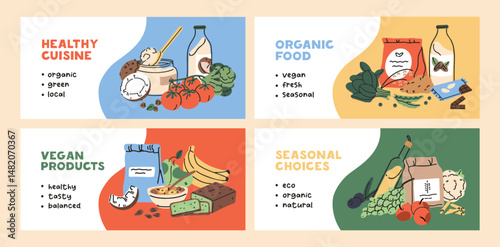 Set of vegan food banner designs. Templates of advertising cards with meals of vegetarian cuisine, healthy nutrition, organic eating and natural grocery products, vegetables. Flat vector illustration