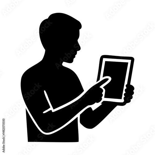 Man holding and interacting with digital tablet touchscreen