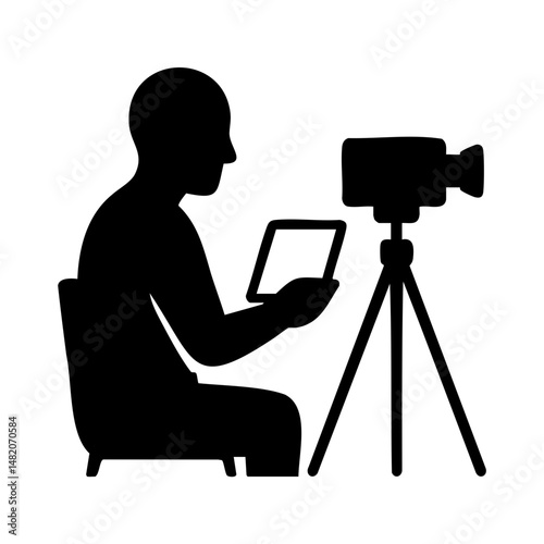 Video content creator filming with camera and holding tablet