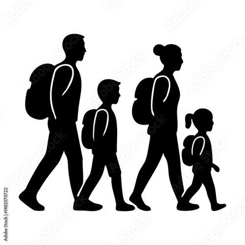Silhouette of family hiking together with backpacks outdoors