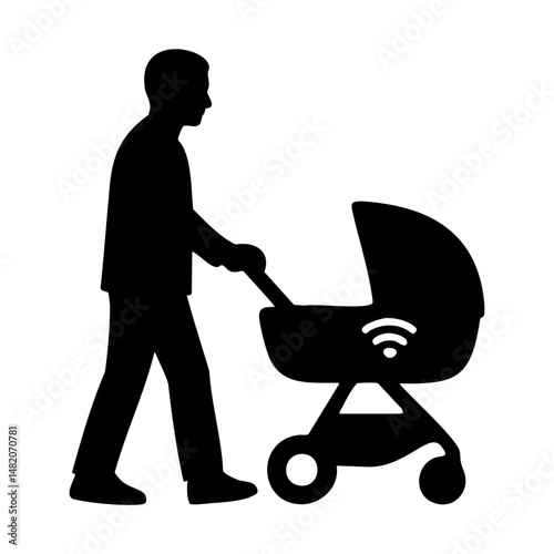Father pushing smart baby stroller with wifi symbol