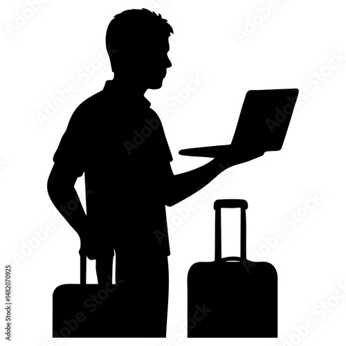 Traveler silhouette using laptop with rolling luggage bags