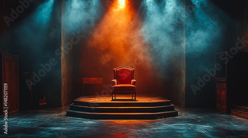Red throne on a stage with spotlights and smoky atmosphere.