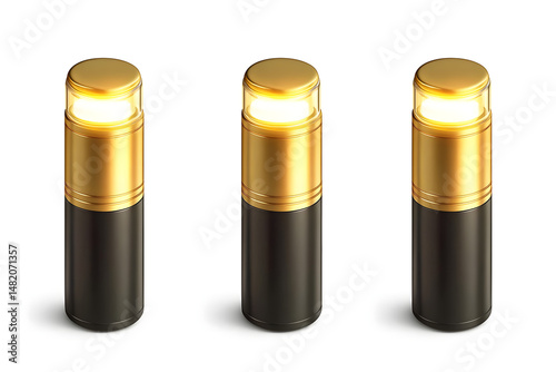 Three dark vials gold top clean background