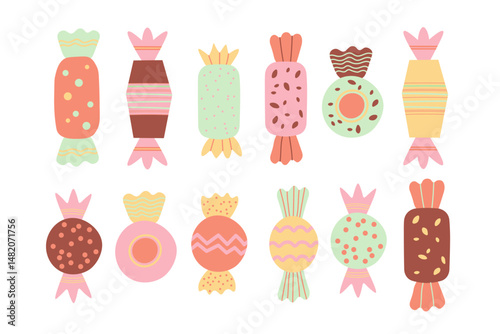 Candy on isolated background. Hand drawn coloured doodle with different candies, sweet and chocolate treats, dessert. Design for October 18 is World Candy Day. Food vector illustration for flyer, card