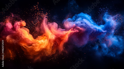 Abstract swirling colors of orange and blue smoke with particles on a black background.
