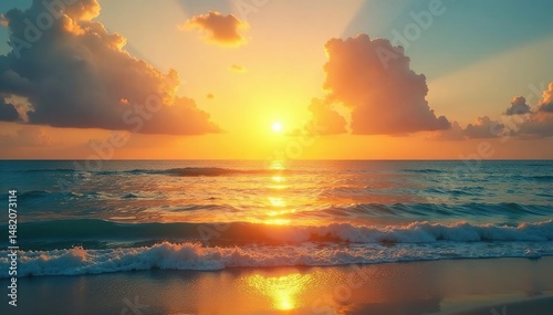 Golden sunset over a calm ocean, summer vacation vibes , relaxing, beautiful, sun