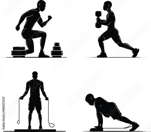 Fitness & Strength Training Symbol Set Featuring Four Unique Silhouettes: A Runner in a Sprint Position Next to a Stack of Weights, A Person Performing a Lunge While Holding Dumbbells, 