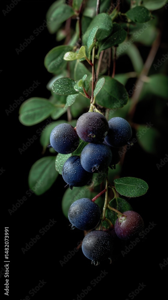 Pick Blueberries Day. Fresh dewy blueberries on the vine against a black background Pick Blueberries Day. Fresh dewy blueberries on the vine against a black background