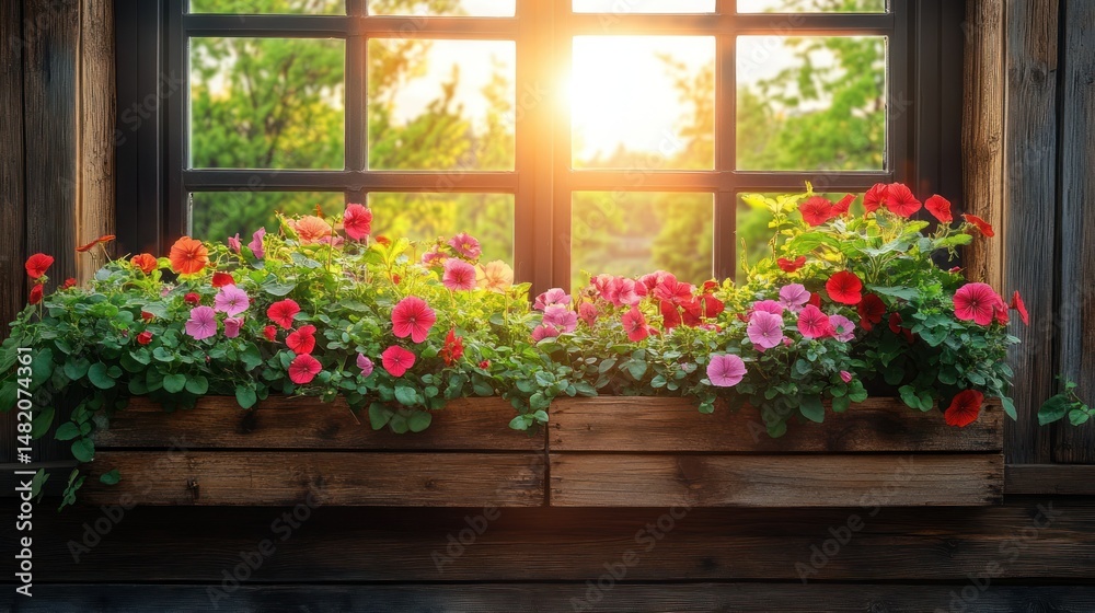 Fototapeta premium Wooden window box bursting with colorful flowers in sunlight