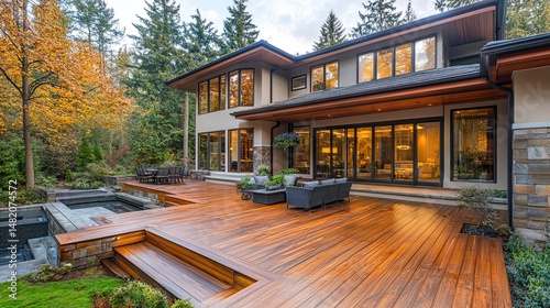 A luxury home exterior with a spacious wooden walkout deck.
