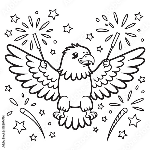 Eagle with Fireworks and Stars Coloring Page for 4th of July Celebration