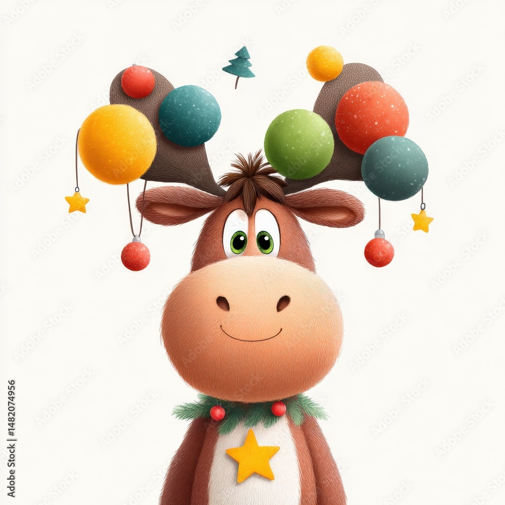 Naklejka premium Majestic moose cartoon with Christmas ornaments and golden star on chest, stylized antlers decorated in red and green, clean white background. Vector Design, Isolated..