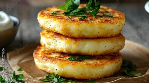 Delicious Golden-Brown Potato Pancakes with Creamy Sour Cream