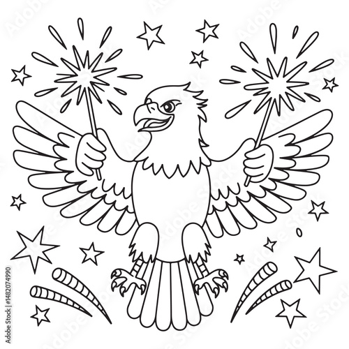 Eagle with Fireworks and Stars Coloring Page for 4th of July Celebration