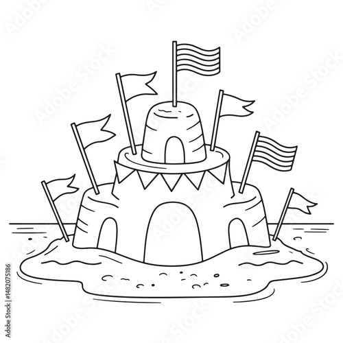 Sandcastle with Flags Coloring Page for Independence Day Celebration