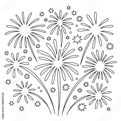 Fireworks Display with Heart Shapes Coloring Page for Fourth of July