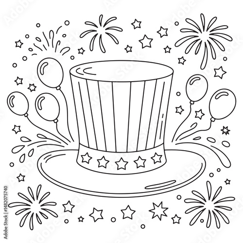 Patriotic Uncle Sam Hat with Stars - 4th of July Coloring Page for Kids and Adults